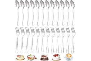 DIKARIYA Tenedores de Postre+Cucharas de Café, 12 Tenedores de Pastel+12 Cucharas de Té de Acero Inoxidable, Cucharas Pulidas con Espejo, Aptas para Lavavajillas, Cucharas Pequeñas para Casa, Hotel