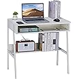 DEILALY Small Desk 80cm with Drawer Space and Under Storage Shelf Computer Wood Desk Metal Frame Writing Table Study Desk Work Station Gaming Desk Table Home Office Bedroom White
