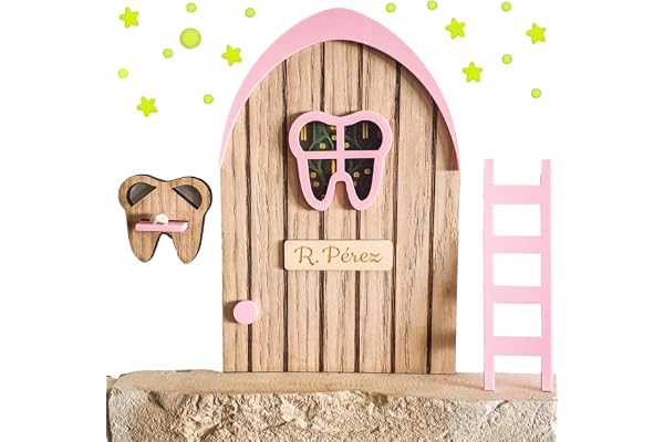 7GANSOS NUEVA PUERTA DEL RATONCITO PEREZ ROSA de madera, con repisa en forma de ratón para dejar el diente y estrellas que se iluminan en la oscuridad. NO SE ABRE