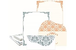 ANZON MORIES Lot de 64 feuilles lignées double face et 32 enveloppes, motif dentelle 2 couleurs bleu marine, orange, bordure dorée, papier à lettre, 21,6 x 27,9 cm