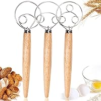 3PCS Danish Dough Whisks, Kalolary Premium Mixing Whisk Tools for Kitchen Baking Wooden Handle Stainless Steel Manual Dough M