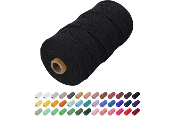 Uiopa Corde Macramé 2mm x 200m, Fil Macramé Coton Ficelle Cordon Naturelle, Cordelette 2mm pour Tenture Murale, Porte Plante Mural, Rideau, Décoration Bohème (Noir)