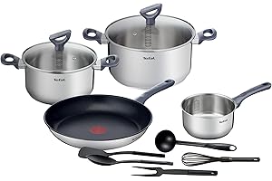 Tefal Batterie de cuisine 11 pcs, Casserole 16 cm + Faitouts 20/24 cm + Couvercles verre + Poêle 28 cm, Induction, Antiadhésif + Inox, Graduations intérieures, 5 ustensiles inclus, Daily Cook G713SB45