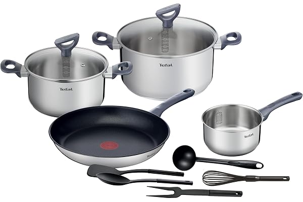 Tefal Batterie de cuisine 11 pcs, Casserole 16 cm + Faitouts 20/24 cm + Couvercles verre + Poêle 28 cm, Induction, Antiadhésif + Inox, Graduations intérieures, 5 ustensiles inclus, Daily Cook G713SB45