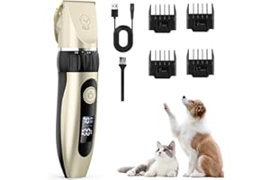 YAZEKY Leise Hundeschermaschine Profi, Schermaschine Hund Katze mit 4 Führungskämmen, Elektrische Tierhaarschneidemaschine, Hundetrimmer Schnurlosen für Dickes, Lockiges, Langes Hundehaare(Gold)