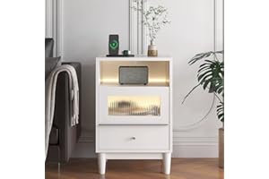 cointwo Modern White Bedside Table with Charging Station, Glass Drawers, and LED Lights - Stylish Wood Nightstand for Bedroom - 40×35×60CM