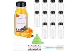 FAMCUCHE 12 Pack Plastic Juice Bottles with Lids, 3.4 Oz 100ml Plastic Bottles with Lids Funnel and Brush, Reusable Empty 100ml Shot Juice Bottle with Lid for Fruit Juices Water Beverages