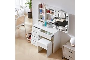 PUSELO White Dressing Table Vanity Table with Mirror and Stool Makeup Vanity Table with Lights and Drawers,Cushioned Stool,Vanity Desk for Women Girls Bedroom (Modern P3139)