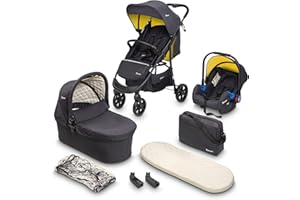 BABYGO Poussette 3 en 1 Styles – Siège sport et nacelle séparés et nacelle de voiture – Sac à langer/housse de pluie/matelas – Mustard
