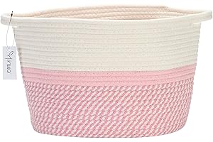 Hinwo Cotton Rope Storage Basket Collapsible Laundry Hamper Nursery Storage Bin Container Organizer with Handles, 15.7 x 12.6 inches, Pink