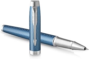 Parker IM bolígrafo roller | Azul-gris Premium con adornos cromados | Punta fina con recambio de tinta negra | Estuche de regalo