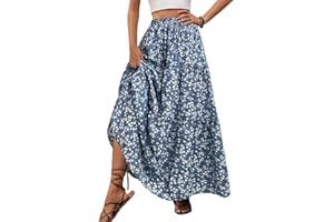 EMOTTOS Gonna Lunghe Estive Donna, Abito Boho Stampato Lungo Motivo, Floreale Casual Vita Alta Elasticizzato Gonne Swing Ballo Casual Estate Vacanza Vestito, Blu/Nero S-XL