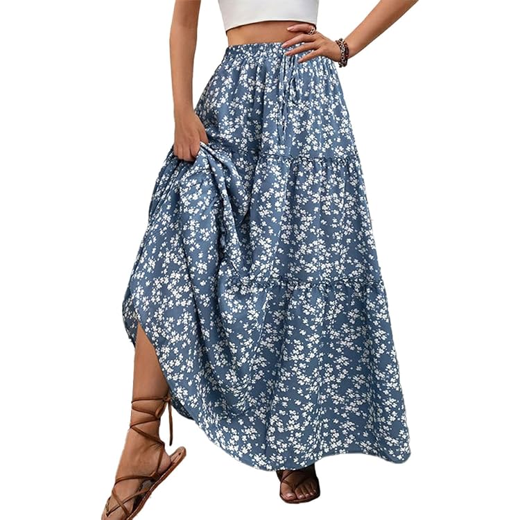 Timuspo Jupe Longue Femme Taille Haute Élastique – Ligne A Plissée Motif Floral, Poches, Style Décontracté Élégant Plage Été