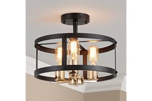 SM SAINT MOSSI Saint Mossi Vintage Semi Flush Mount Ceiling Light Fixture, 3-Lights (E27 Medium Bulb) Round Farmhouse Chandelier, Perfect for Living Space, Matte Black & Light Gold Metal Frame