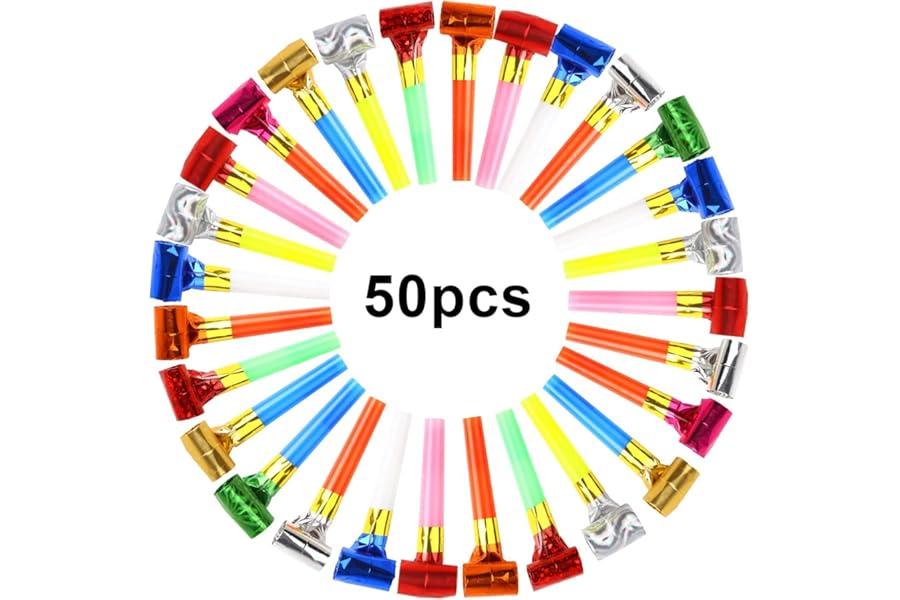 VEYLIN Party Blowouts 50 Pack, Assorted Colours Party Blowers with Plastic Mouthpieces, Paper Noisemakers for Kids Party Bags, Birthday & New Year Celebrations