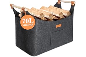 DACHIY Panier À Bois En Feutre Extra Épais Avec Poignée Renforcée 55 x 40 x 32 cm 70L, Panier A Buches, Panier Rangement, Panier Pliable En Feutre Pour Le Stockage Du Bois De Chauffage, Des Magazines Et Des
