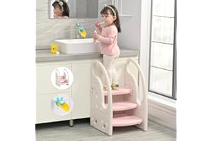 Growaystory Tritthocker für Kinder, Trittleiter Kinder mit 3 Stufen, Höhenverstellbar, Sicherer, Lernturm, Trittschemel, Tritt-Schemel Kinderschemel für Baby (Pink/Rosa)