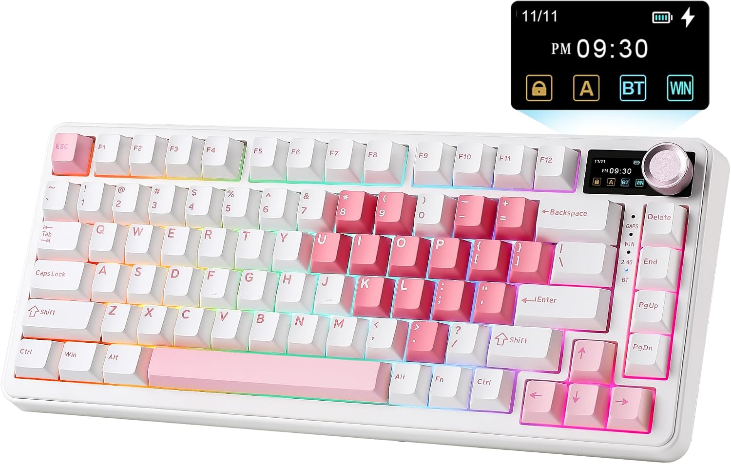 YUNZII B75 Pro MAX Teclado Mecánico Inalámbrico, Diseño 75% con Pantalla TFT y Control Giratorio, Hot Swap, QMK/Via, RGB, BT/USB-C/2,4G para Win/Mac (Corazón Blanco, Candy Switch)