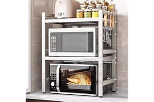 WMLBK Mensola per forno a microonde, espandibile a 3 ripiani, con 6 ganci, per microonde, allungabile da 40 a 63 cm, per cucina (3 piani bianchi)