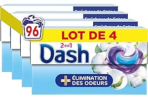 Dash 2en1 PODS, Lessive En Capsule, 96 Lavages (4 x 24 Lavages), Fraîcheur de Coton, PLUS DE FRAÎCHEUR, ÉLIMINATION DES ODEURS avec l’adoucissant Lenor, Fabriquée En France, Dash 2in1