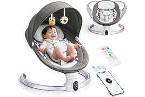 Helangel Columpio para bebés, balancín eléctrico con aplicación y mando a distancia, arnés de 5 puntos mejorado, 10 canciones Bluetooth y 5 velocidades, soporta 9 kg
