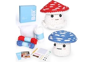 CrochetBox Crochet Kit for Beginners: 2 PCS Mushroom Crochet Kit for Adults, Red & Blue, Include Step-by-Step Video Tutorials, Suprise Birthday Gift