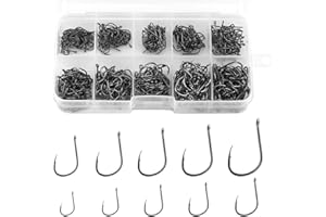 KeyQueen 500 Pcs Fishing Hooks, 10 Sizes (No.3-No.12), Carbon Steel, Saltwater & Freshwater, Black, Needle Point
