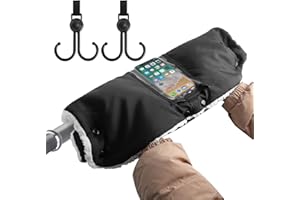 FOESIHEP Kinderwagen Handwärmer, Einteilige Abnehmbare Warme Handschuhe aus Lammwolle, Wind- und Schneesichere Außenschicht, mit 2 Tragbarem Haken, Universelle Größe für Kinderwagen-Anhänger