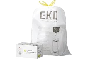 EKO Easy-Dispense Roll 80 Count Extra-Strong Drawstring Small Bin Liner, Trash Bag (7-10L) 1 Pack White, Code B