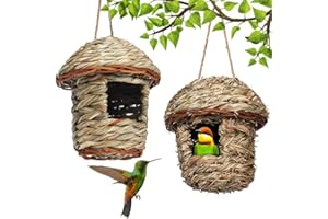 WEYYING 2 Stück Gras Bird Nest, Vogelnest Gras, Handgewebte Vogelhäuser, Vogelnester, Kolibri-Haus für Draußen Aufhängen, Verschleißfest Hängender Vogelnest, für Papageien, Kanarienvögel, Amseln
