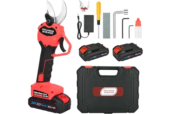 Secateur Electrique Sans Fil 40 mm: Secateur a Batterie, 3000 mAh x2, Antirouille SK5 Avec Verrouillage de Sécurité pour Jardinage, Fruitiers, Vignoble (Rouge)