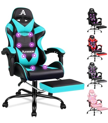 ALFORDSON Massage gamerstoel, computerbureaustoel met voetensteun, 2-punts massagestoel, 180 kg belastbaarheid, 90-150 graden verstelbare rugleuning, ergonomische pc-stoel, 360 graden draaibaar, zwart