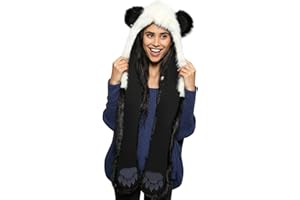 Petalum Damen Winter Warm Mütze Schal Handschuhe Set Kapuzen Handschuhe Warm Kapuzenschal Plüsch Tiere Bär Panda Wolf Paws Ohren Fellmütze