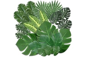 VOHESEA Lot de 100 feuilles de palmier 8 types de feuilles palmier artificielles avec tiges Plante tropicale Feuilles palmier et feuilles monstres Feuilles pour jungle Beach Hawaiian Wedding Party Décoration