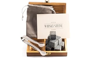 GOURMEO 9 Whisky Stones in pietra basalto naturale - Pietre Sostitutive del Ghiaccio per Whisky - Cubetti Ghiaccio di Pietra Refrigeranti + Scatola in Legno per Kit Regalo