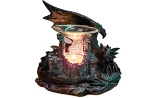 Kremers Schatzkiste Lampa zapachowa smok, 22 cm, lampa zapachowa, ruiny zamku, uchwyt na podgrzewacze - do olejków eterycznych, wosk zapachowy, fantazja, dekoracja, polirezyna, 19 x 22 x 18 cm,