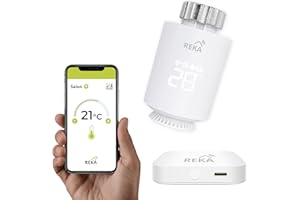Tête Thermostatique Intelligente Connectée REKA - Contrôle Température Via Appli Tuya, Programmation, Détection Fenêtres Ouvertes - Compatible Assistants Vocaux (1, avec Passerelle)