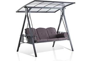 ‎PURPLE LEAF PURPLE LEAF Hollywoodschaukel 3 Sitzer mit PVC Hardtop, Gartenschaukel mit Festem Dach, Schaukel mit Verstellbares Sonnendach, Wasserdicht Sonnenbeständig, Grau