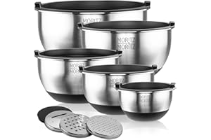 Moritz & Moritz Lot de 5 Bols en Acier Inoxydable avec Couvercles – Bols Antidérapants Empilables pour Mélange, Pâtisserie, Salades et Service, Saladier Inox Pratique, Ustensiles de Cuisine Inox