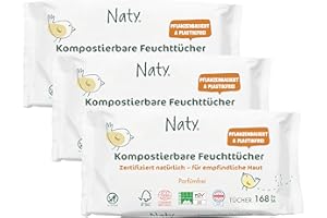 ‎NATY Naty Baby Feuchttücher | 100% pflanzenbasiert & unparfümiert für empfindliche Haut | Plastikfreie & zertifiziert kompostierbare Tücher mit 98% gereinigtem Wasser | 168 Tücher (3 Packungen)