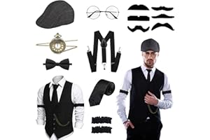 YUNSUELO Peaky Blinders Kostüm, Karneval Kostüm karneval kostüm Herren, Mafia 20er Jahre Accessoires Herren Damen mit Weste Hosenträger Hut, Taschenuhr Bart Gläser, Peaky Blinders für Halloween Fasching Kostüm