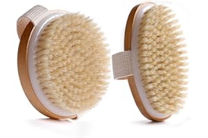 AZYMI 2pcs Body Brush, Dry Brushing Body Brush for Lymphatic Drainage, Exfoliating Shower Bath Brush Set Natural Wood & Bristle, 2 Sizes Round 10.5CM & Oval 13x6.5CM