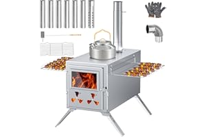 MOPHOTO Hot Tent Stove, Camping Wood Stove with 8 Stainless Steel Chimney Pipes,for Tent, Outdoor Heating, Cooking, Ice Fishing, Hunting (46 x 25 x 27 cm)