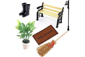 WITGIFT Miniatur Puppenhaus Set Grünpflanze + Gummistiefel + Kehrbesen+ Teppichdecke +Parkbank+Straßenlampe Mini Ornament Garten Möbel Deko