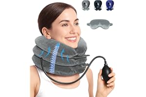 LuxoCare Neck Stretcher Adjustable – Neck Brace Pillow with Eye Mask, Cervical Neck Traction Device for Neck Pain Relief & Decompression, inflatable Neck Support for Home,Car, Travel & Office (Gray)