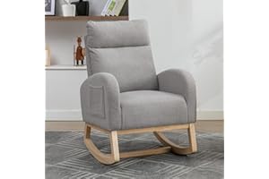 DEKKETO Nursing Rocking Chairs for Adults, Teddy Nursery Rocking Chair for Mum, High Backrest Boucle Armchairs with Wood Base and Side Pocket, Comfy Glider Chair, Light Grey
