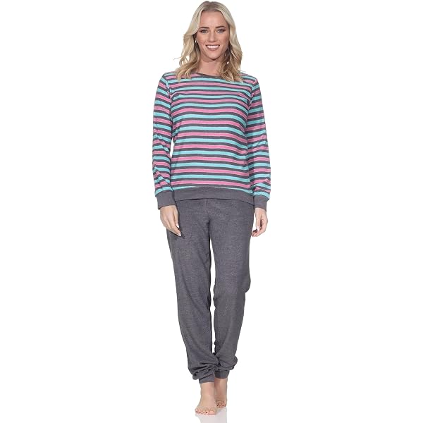 Damen Frottee Pyjama Langarm – Aus Baumwolle, Mit Ringel-Hose, Bequemer Schlafanzug