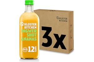 Kloster Kitchen 12SHOTS Pack de 3 shots de gingembre bio ananas avec de vrais morceaux de gingembre I Gingembre Vegan I Bouteille en verre I Légèrement épicé sans additifs & avec douceur naturelle