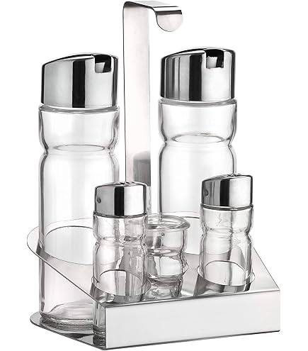 Menage, 5 pezzi, in acciaio inox 18/0, con superficie liscia Inserti in vetro per aceto e olio, Stuzzicadenti, sale & pepe/14 x 11 x 19 cm | erk