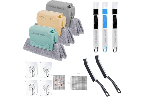 JENICO WORLD 13 PCs Sliding Window Groove Cleaning Brush, Multifunctional Gap Cleaning Brush with Adhesive Hook & Mosquito Net Repair Tape (Window Care Combo Kit)